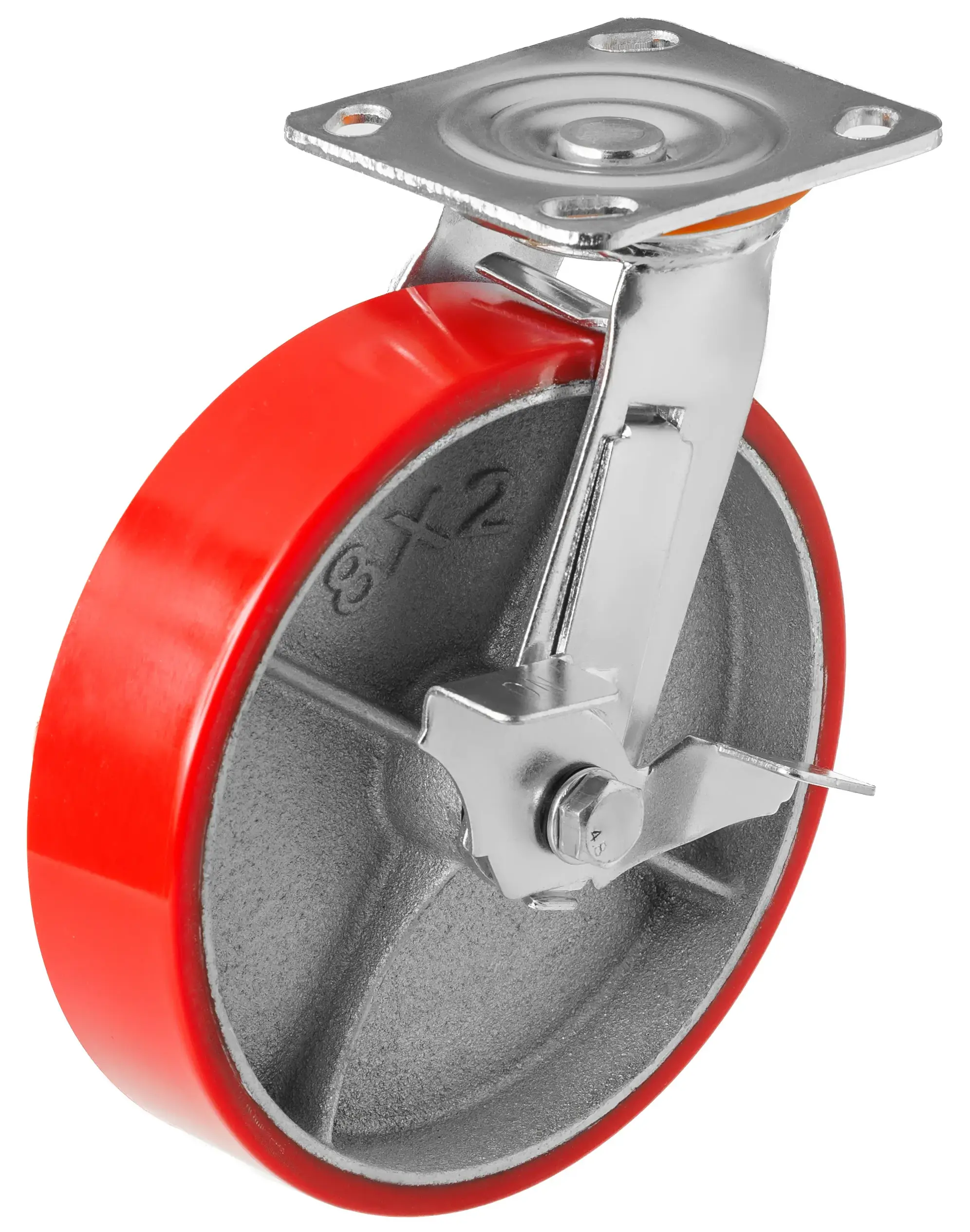 Большегрузное полиуретановое колесо 200 мм (поворотное, площадка, тормоз, роликоподшипник) - SCPB 80